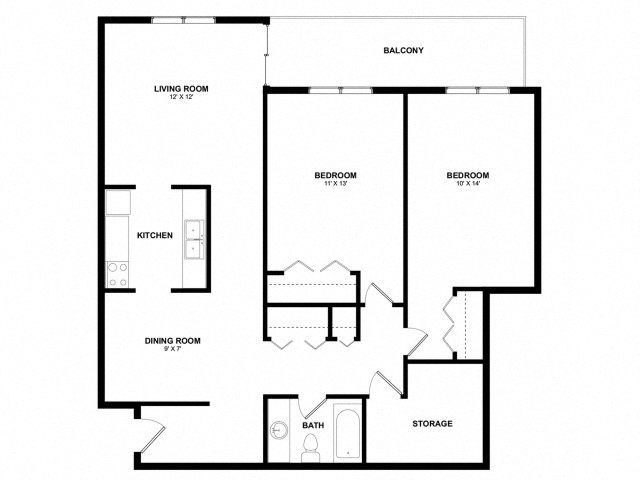 Floor plan for 2 beds, 1 bath, 1024 sqft